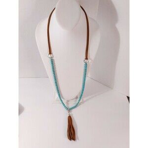 Carole Faux Beaded Turquoise Suede Tassel Necklace